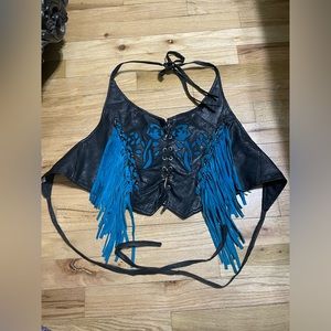 Leather Cropped Biker Vest With Fringe